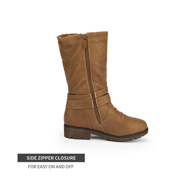 Kids Buckle Knee High Boots - CAMEL - 1