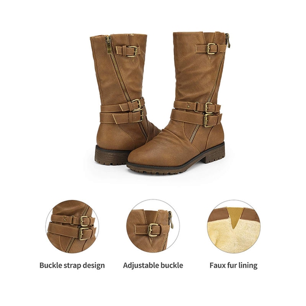 Kids Buckle Knee High Boots - CAMEL - 4