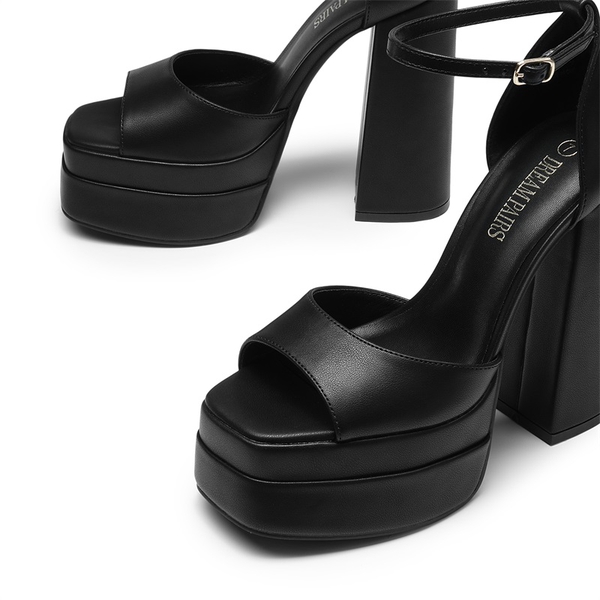 Square Toe Platform Chunky Heel Sandals - BLACK - 4