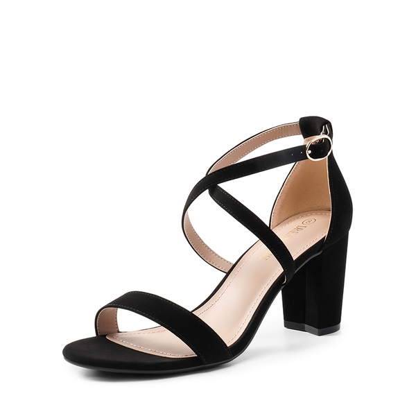 Criss Cross Chunky Heel Ankle Strap Sandals - BLACK NUBUCK -  0