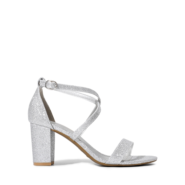 Criss Cross Chunky Heel Ankle Strap Sandals - SILVER GLITTER - 1