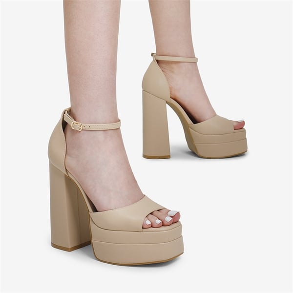 Square Toe Platform Chunky Heel Sandals - NUDE - 1