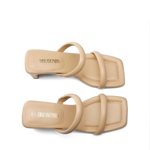 Square Toe Rectangular Double Strap Heel Sandals - NUDE - 4