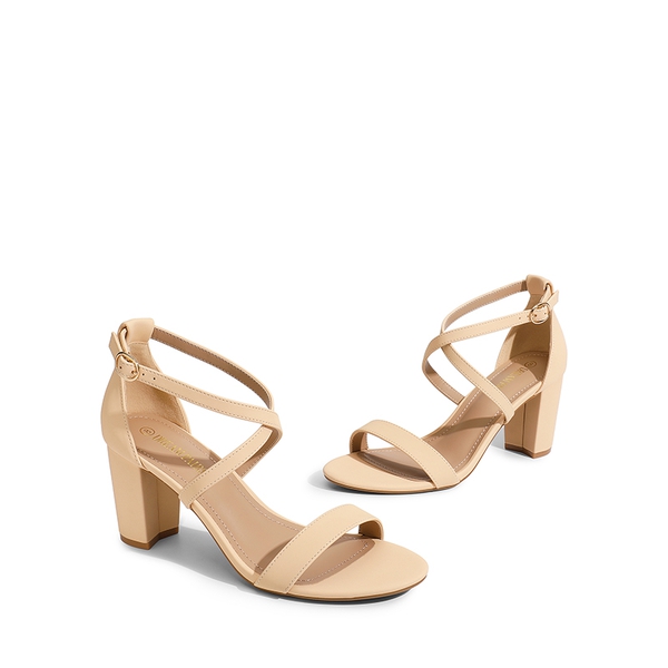 Criss Cross Chunky Heel Ankle Strap Sandals - NUDE NUBUCK - 4