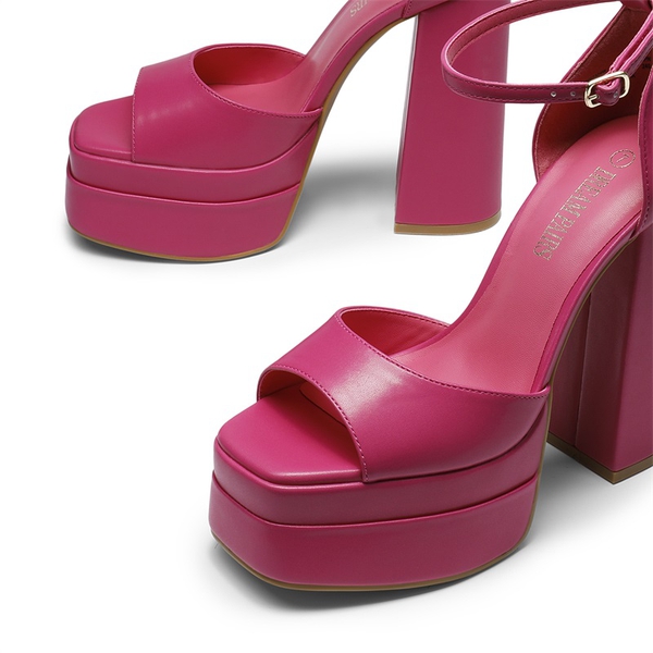 Square Toe Platform Chunky Heel Sandals - ROSE RED - 4