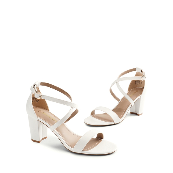 Criss Cross Chunky Heel Ankle Strap Sandals - WHITE PU - 4