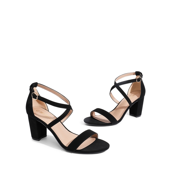 Criss Cross Chunky Heel Ankle Strap Sandals - BLACK NUBUCK - 4