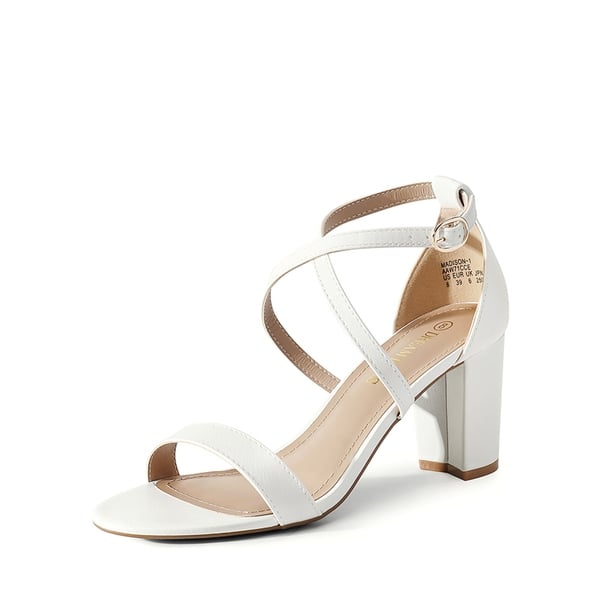Criss Cross Chunky Heel Ankle Strap Sandals - WHITE PU -  0