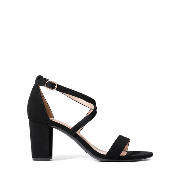 Criss Cross Chunky Heel Ankle Strap Sandals - BLACK NUBUCK - 1