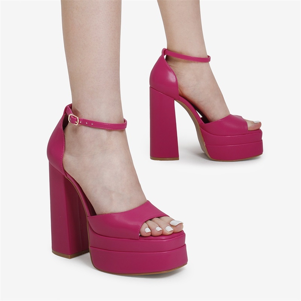 Square Toe Platform Chunky Heel Sandals - ROSE RED - 1