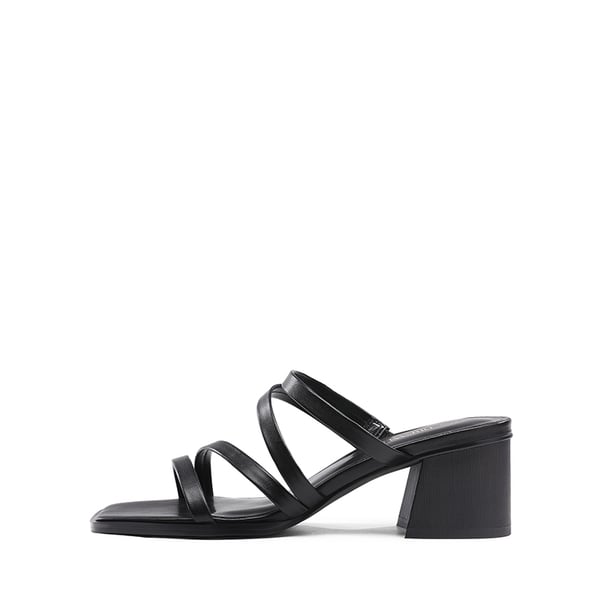 Square Toe Strappy Chunky Heel Sandals - BLACK - 1