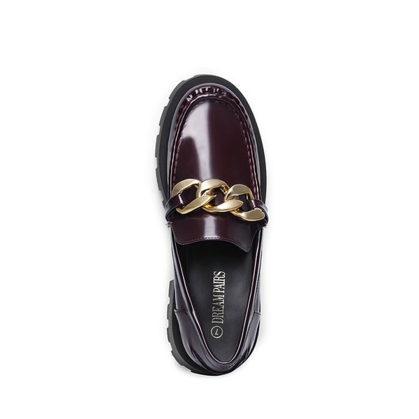 Classic Golden Chain Chunky Loafers - BURGUNDY - 3