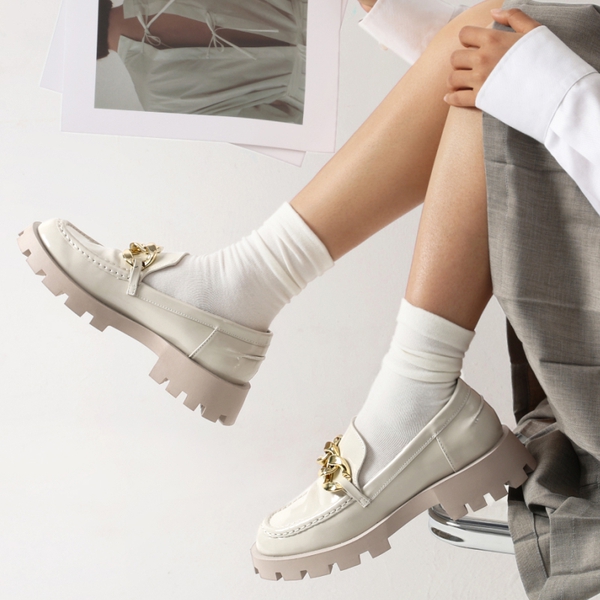 Classic Golden Chain Chunky Loafers - BEIGE - 1