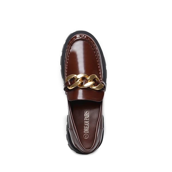 Classic Golden Chain Chunky Loafers - BROWN - 4