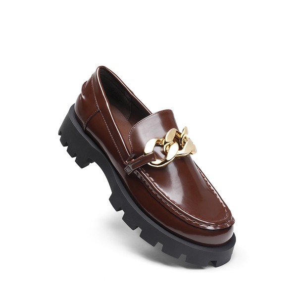 Classic Golden Chain Chunky Loafers - BROWN - 3