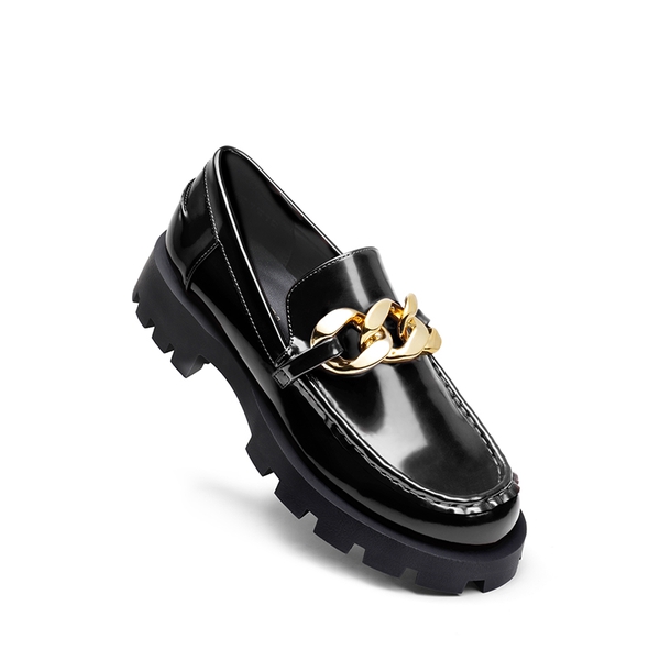 Classic Golden Chain Chunky Loafers - BLACK - 2