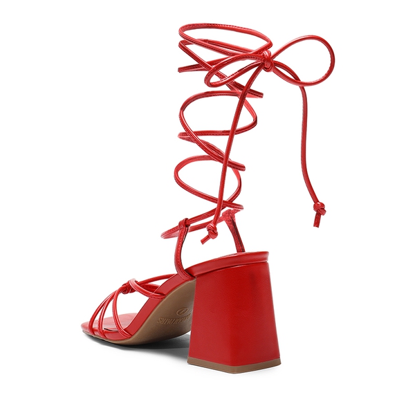 Square Toe Lace Up Block Heel Sandals - RED - 4