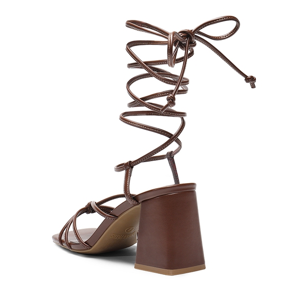 Square Toe Lace Up Block Heel Sandals - DARK BROWN - 4