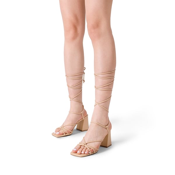 Square Toe Lace Up Block Heel Sandals - NUDE - 2