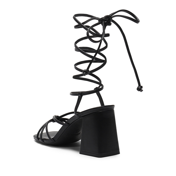 Square Toe Lace Up Block Heel Sandals - BLACK - 4