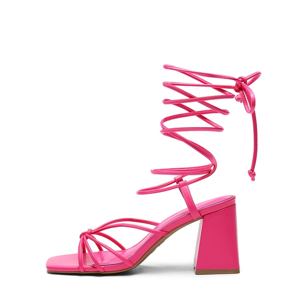 Square Toe Lace Up Block Heel Sandals - HOT PINK - 3