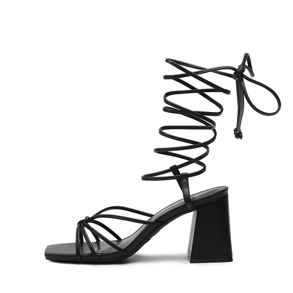 Square Toe Lace Up Block Heel Sandals - BLACK - 3