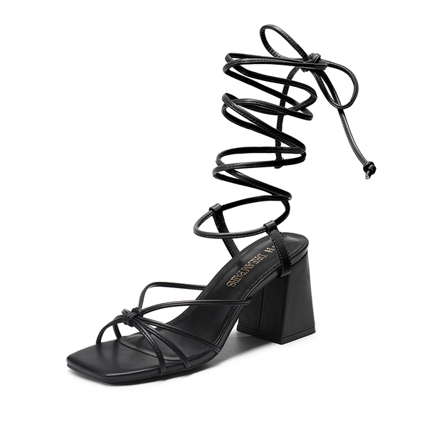 Square Toe Lace Up Block Heel Sandals - BLACK -  0