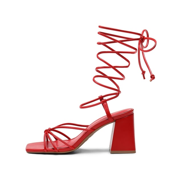 Square Toe Lace Up Block Heel Sandals - RED - 3