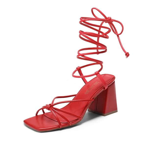 Square Toe Lace Up Block Heel Sandals - RED -  0