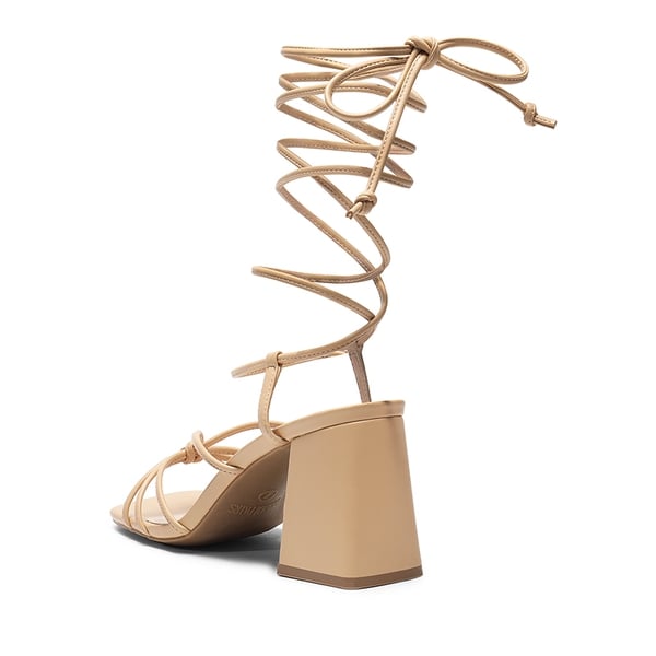 Square Toe Lace Up Block Heel Sandals - NUDE - 4