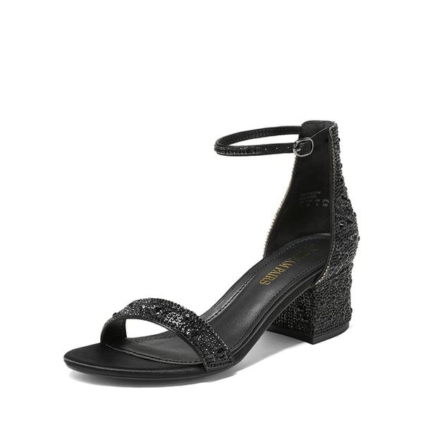 Rhinestone Low Chunky Heel Sandals - BLACK RHINESTONE -  0