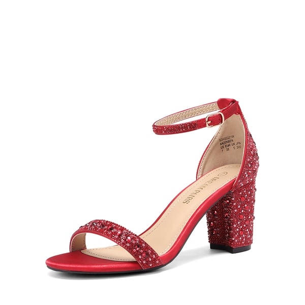 Rhinestone 3-Inch Chunky Heel Sandals - RED RHINESTONE -  0