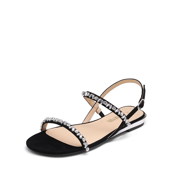 Rhinestone Flat Sandals - BLACK SUEDE -  0