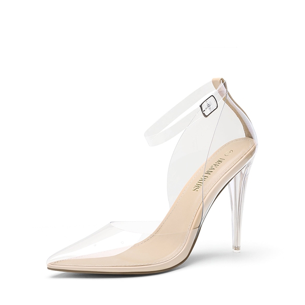 Crystal Pointed Toe Rhinestone Clear Pumps - NUDE CLEAR -  0