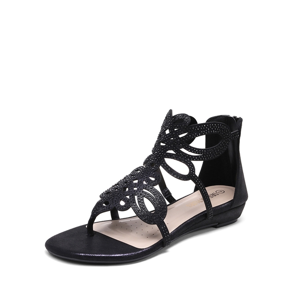 Gladiator Rhinestones Flat Sandals - BLACK -  0