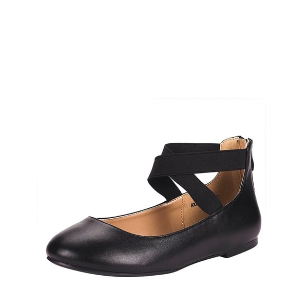 Elastic Closed Toe Flats with Ankle Strap - BLACK PU -  0
