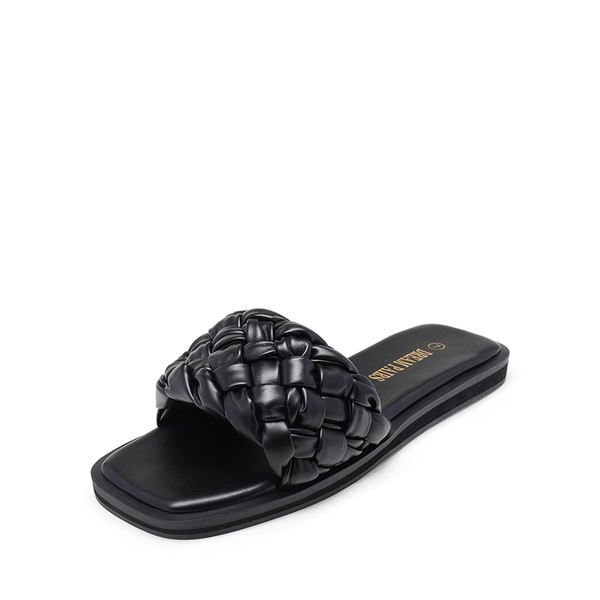 Open Toe Slide Flat Sandals - BLACK WEAVE -  0
