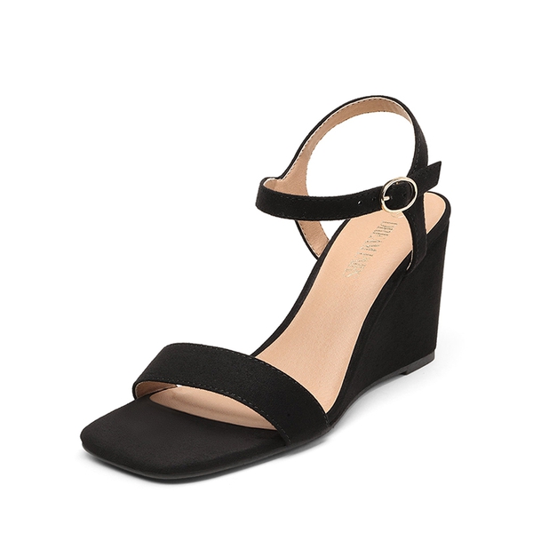 Square Toe Slingback Wedge Sandals - BLACK SUEDE -  0