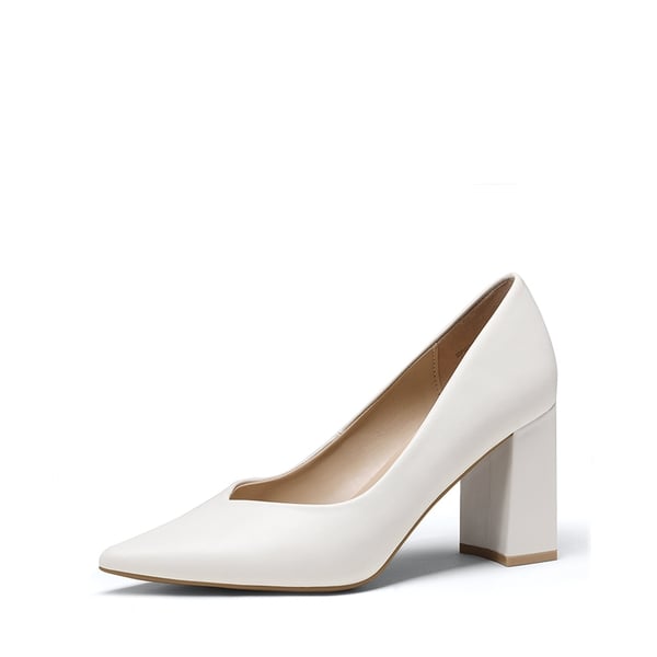 Pointed Toe Chunky High Heel Pumps - WHITE PU -  0
