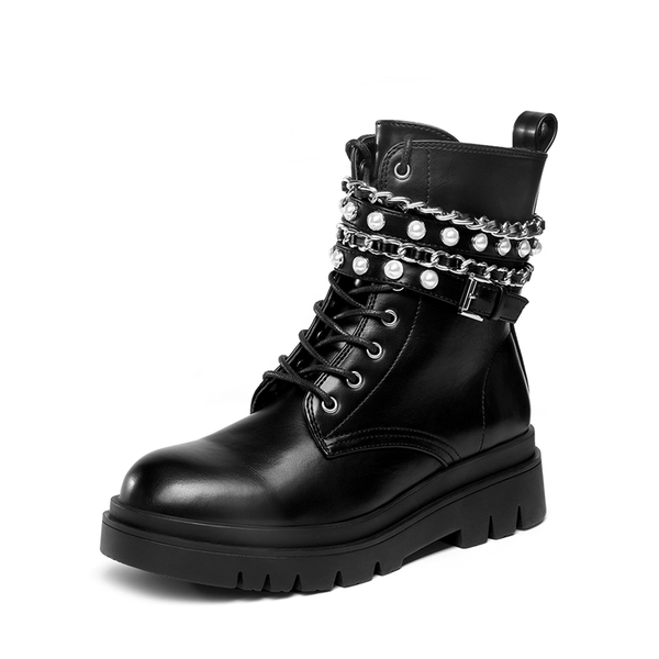 Chains Pearl Chunky Lug Sole Boots - BLACK -  0