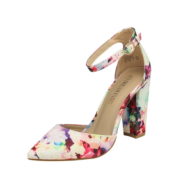Pointed Toe Chunky Heel Pumps - FLORAL -  0