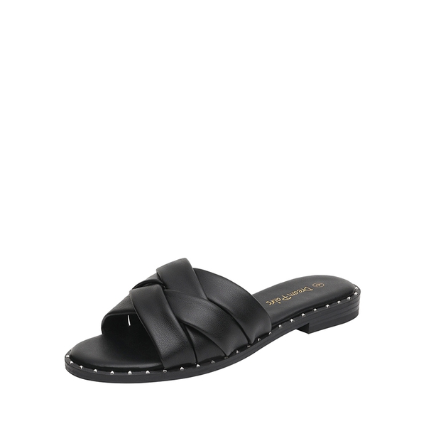 Studded Flat Slide Sandals - BLACK PU -  0