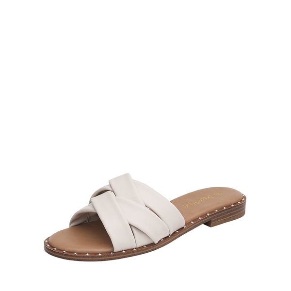 Studded Flat Slide Sandals - CREAMY WHITE PU -  0