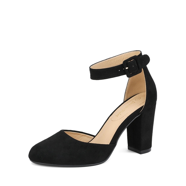 Round Toe Chunky Heel Pumps - BLACK SUEDE -  0