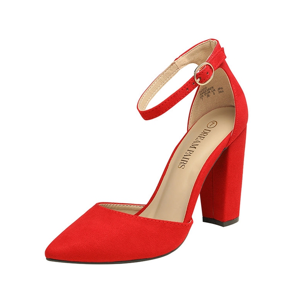 Pointed Toe Chunky Heel Pumps - RED SUEDE -  0