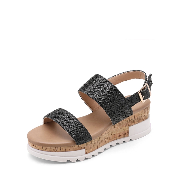 Ankle Strap Casual Platform Sandals - BLACK RAFFIA -  0