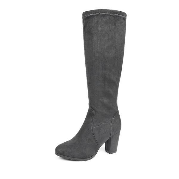 Round-Toe Chunky Heel Knee High Boots - GREY -  0