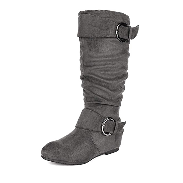 Wide Calf Fur-lined Low Hidden Wedge Boots - GREY SUEDE -  0