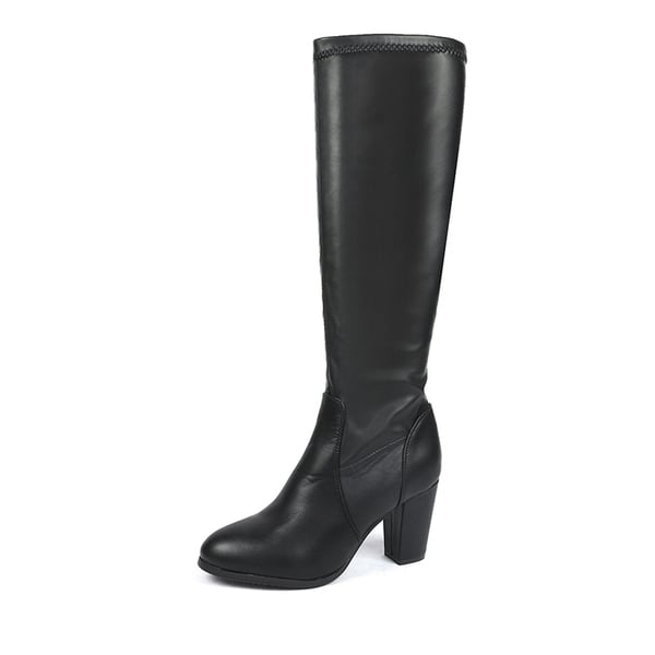 Round-Toe Chunky Heel Knee High Boots - BLACK PU -  0