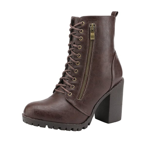 Lace Up Chunky Heel Ankle Booties - BROWN -  0